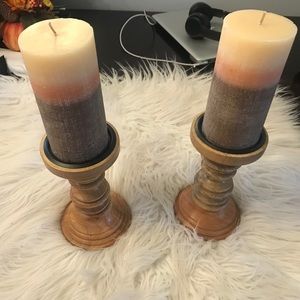 Two wood candle holders and candles Set.
